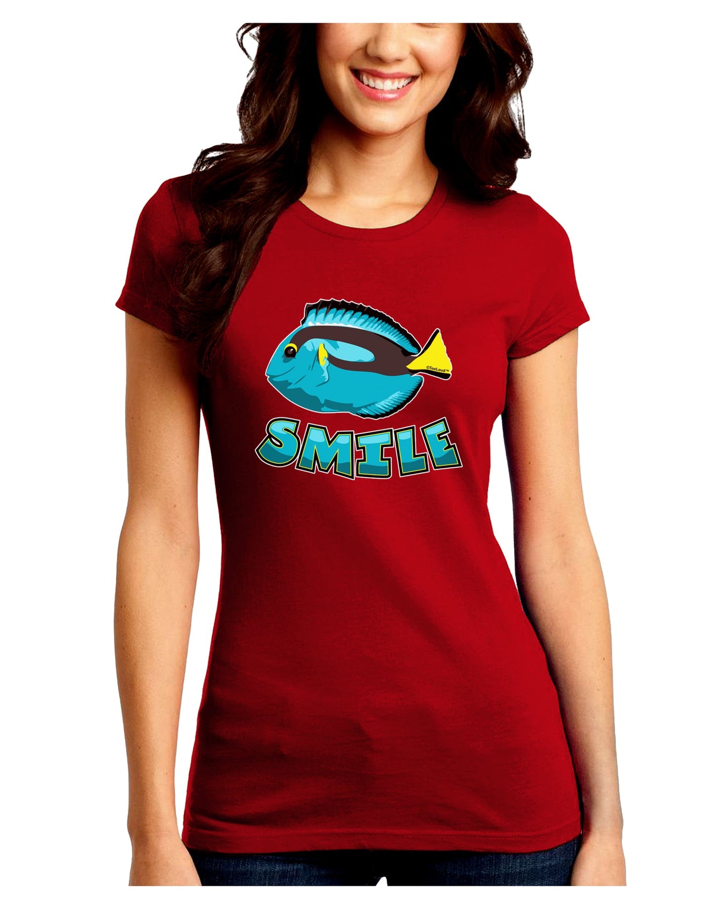 Blue Tang Fish - Smile Juniors Petite Crew Dark T-Shirt-T-Shirts Juniors Tops-TooLoud-Red-Juniors Fitted Small-Davson Sales
