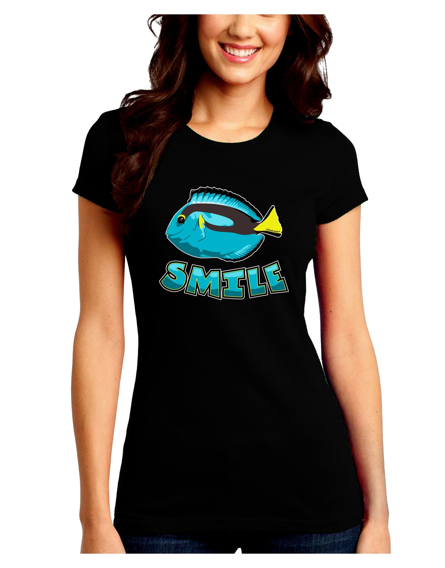 Blue Tang Fish - Smile Juniors Petite Crew Dark T-Shirt-T-Shirts Juniors Tops-TooLoud-Black-Juniors Fitted Small-Davson Sales