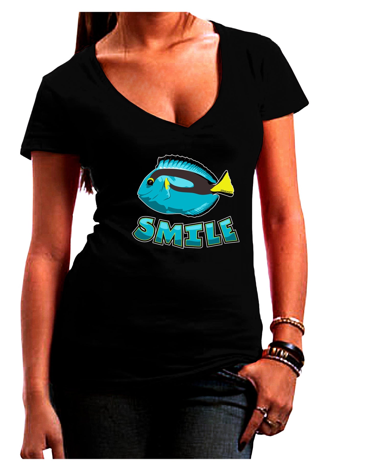 Blue Tang Fish - Smile Womens V-Neck Dark T-Shirt-Womens V-Neck T-Shirts-TooLoud-Black-Juniors Fitted Small-Davson Sales