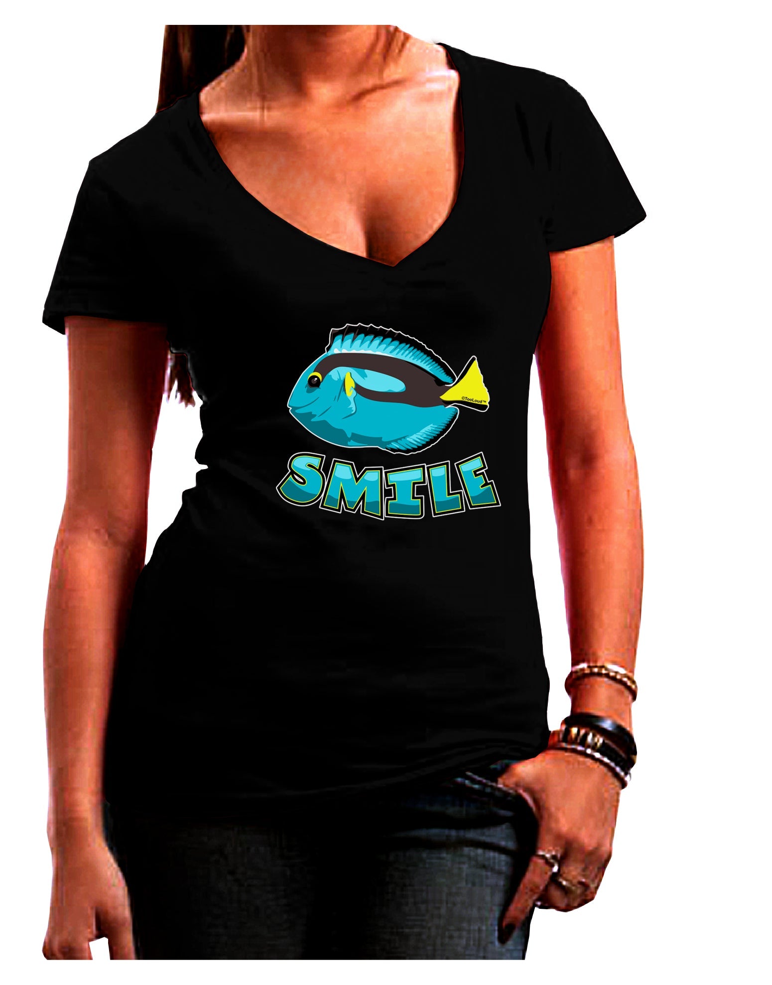 Blue Tang Fish - Smile Womens V-Neck Dark T-Shirt-Womens V-Neck T-Shirts-TooLoud-Black-Juniors Fitted Small-Davson Sales