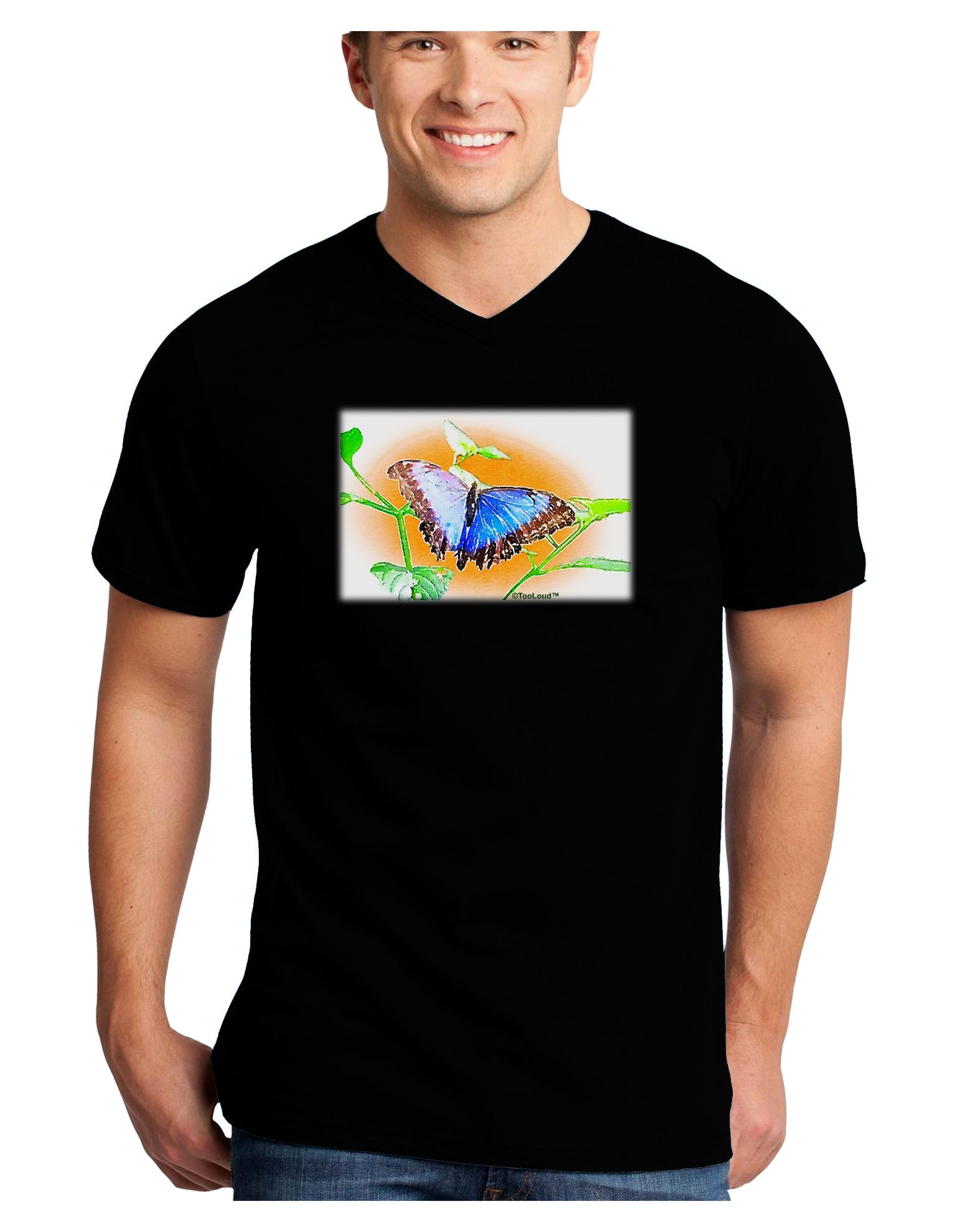 Blue Watercolor Butterfly Adult Dark V-Neck T-Shirt-TooLoud-Black-Small-Davson Sales