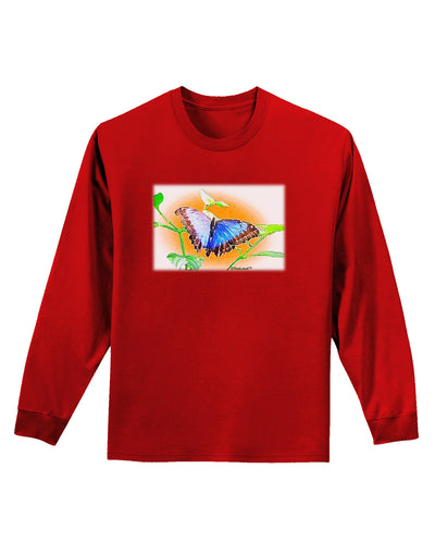 Blue Watercolor Butterfly Adult Long Sleeve Dark T-Shirt-TooLoud-Red-Small-Davson Sales