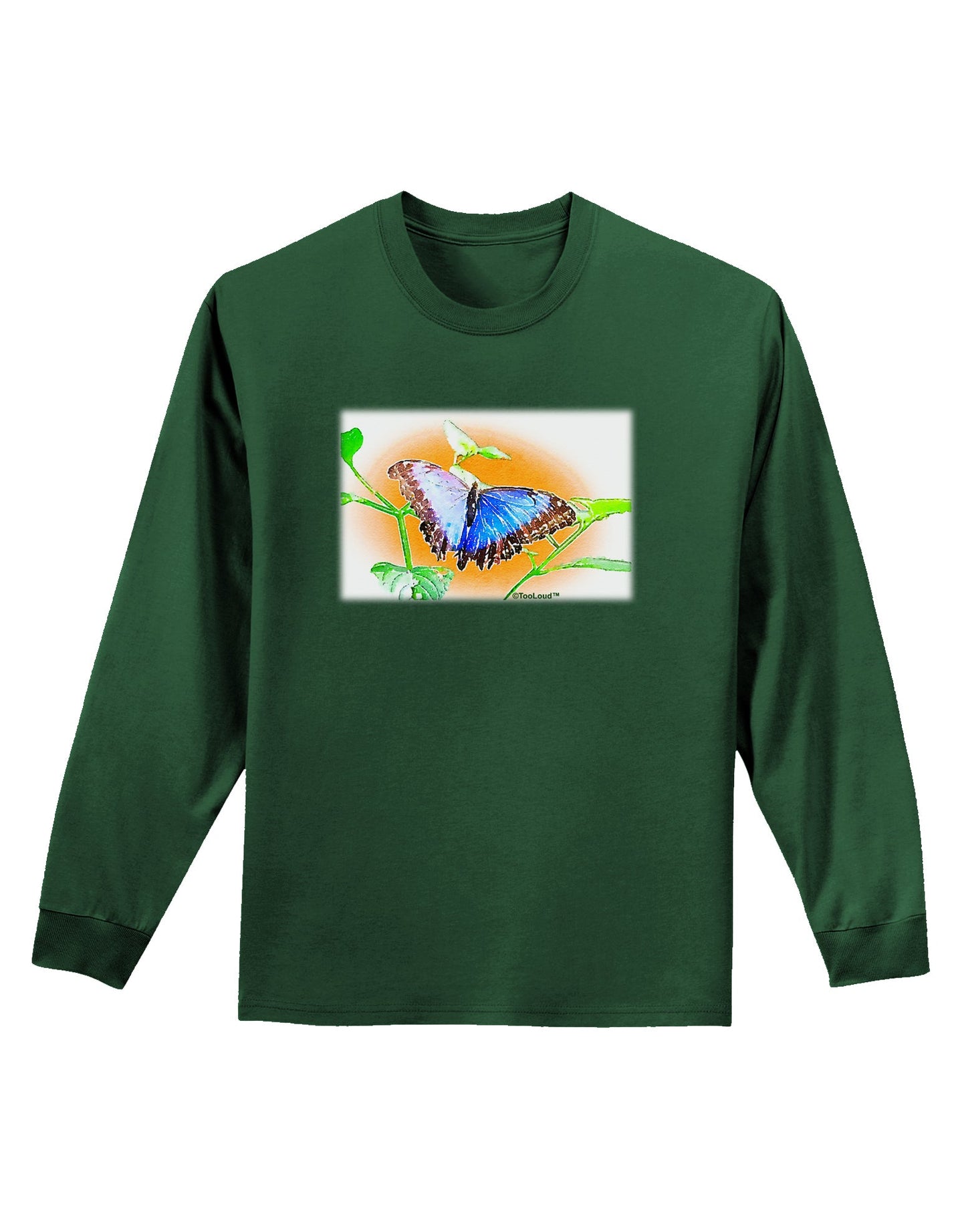 Blue Watercolor Butterfly Adult Long Sleeve Dark T-Shirt-TooLoud-Dark-Green-Small-Davson Sales
