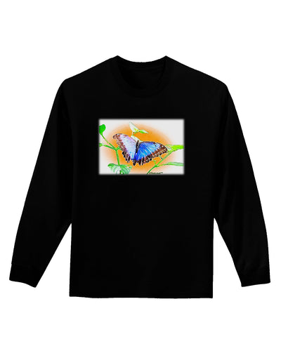 Blue Watercolor Butterfly Adult Long Sleeve Dark T-Shirt-TooLoud-Black-Small-Davson Sales