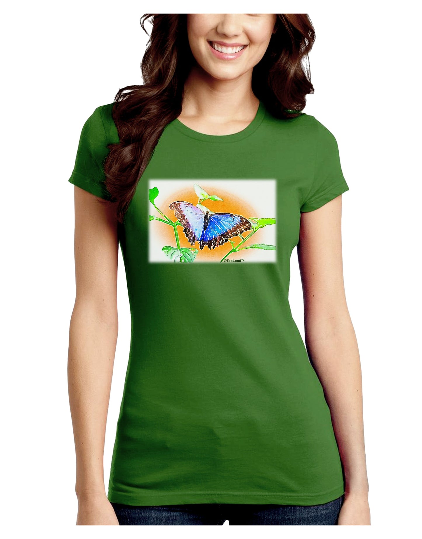 Blue Watercolor Butterfly Juniors Petite Crew Dark T-Shirt-T-Shirts Juniors Tops-TooLoud-Kiwi-Green-Juniors Fitted Small-Davson Sales