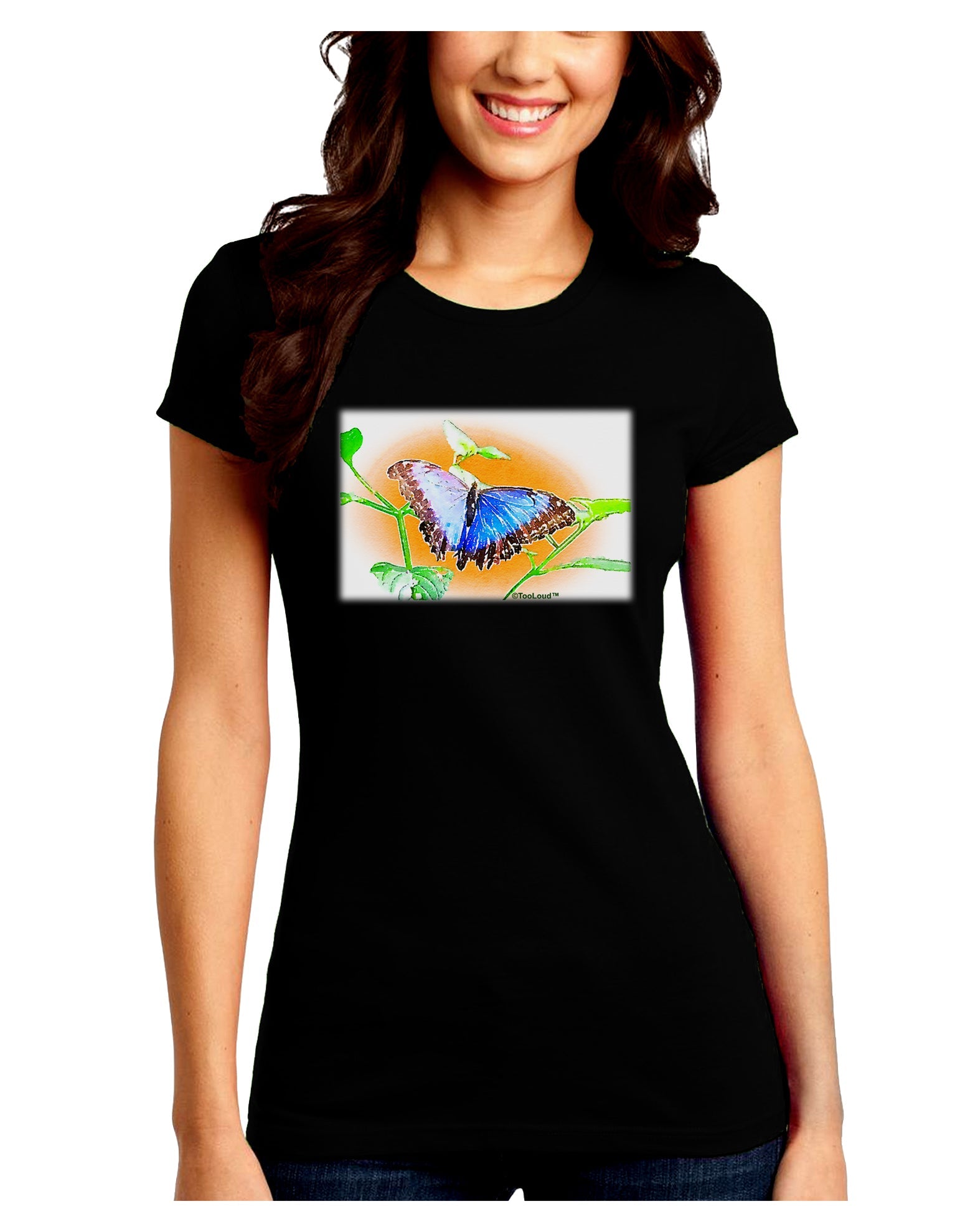 Blue Watercolor Butterfly Juniors Petite Crew Dark T-Shirt-T-Shirts Juniors Tops-TooLoud-Black-Juniors Fitted Small-Davson Sales