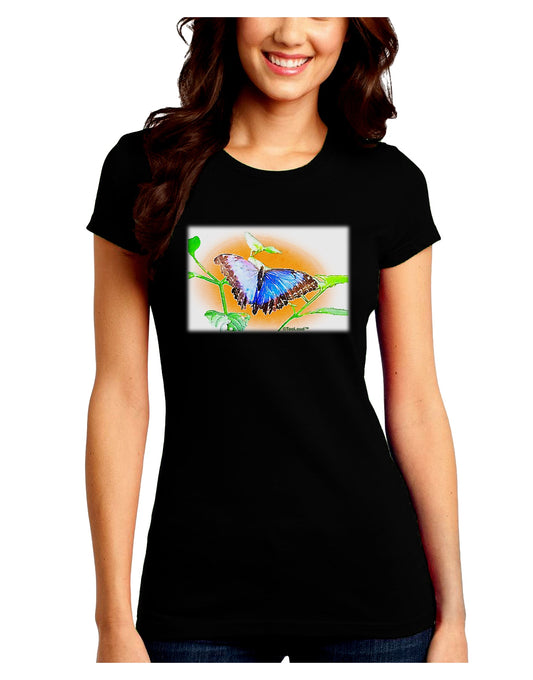 Blue Watercolor Butterfly Juniors Petite Crew Dark T-Shirt-T-Shirts Juniors Tops-TooLoud-Black-Juniors Fitted Small-Davson Sales