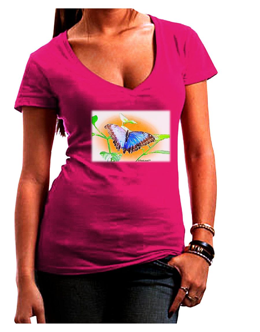 Blue Watercolor Butterfly Womens V-Neck Dark T-Shirt-Womens V-Neck T-Shirts-TooLoud-Black-Juniors Fitted Small-Davson Sales