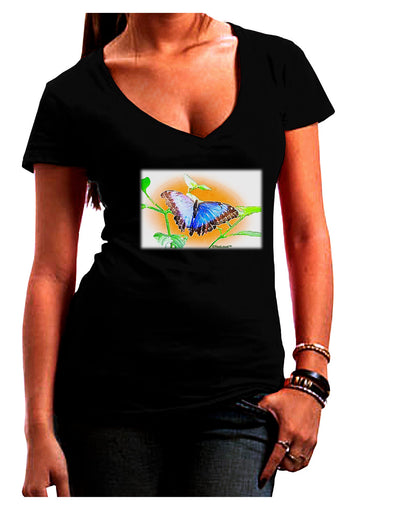 Blue Watercolor Butterfly Womens V-Neck Dark T-Shirt-Womens V-Neck T-Shirts-TooLoud-Black-Juniors Fitted Small-Davson Sales