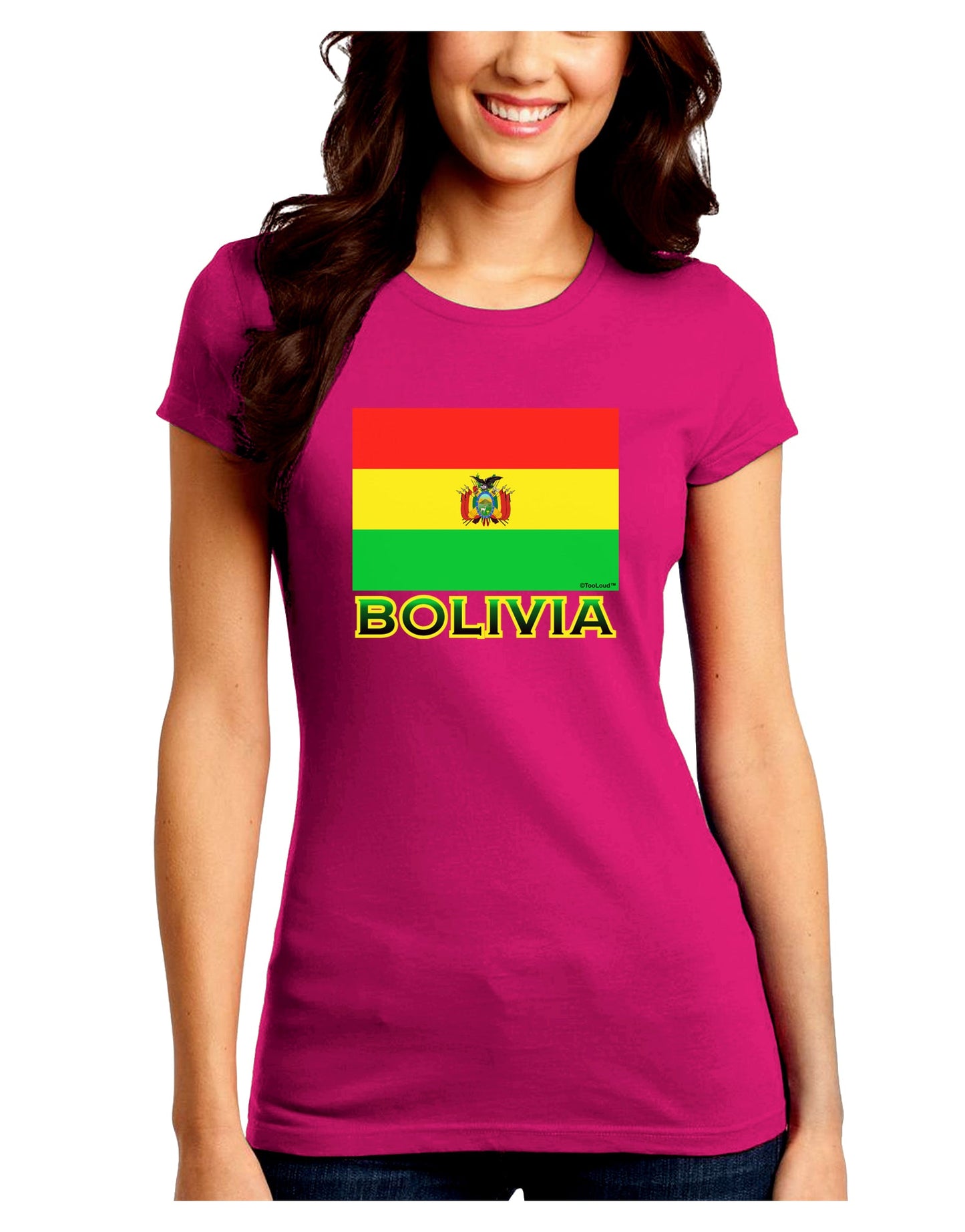 Bolivia Flag Juniors Petite Crew Dark T-Shirt-T-Shirts Juniors Tops-TooLoud-Hot-Pink-Juniors Fitted Small-Davson Sales