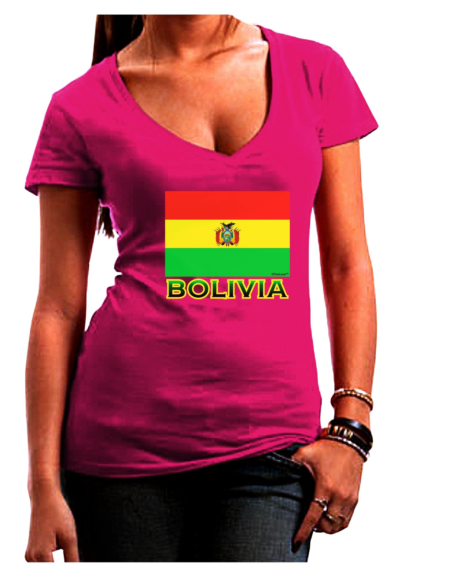 Bolivia Flag Womens V-Neck Dark T-Shirt-Womens V-Neck T-Shirts-TooLoud-Hot-Pink-Juniors Fitted Small-Davson Sales