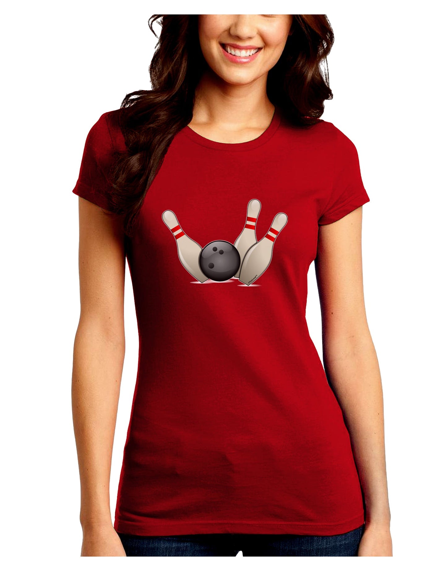 Bowling Ball with Pins Juniors Petite Crew Dark T-Shirt-T-Shirts Juniors Tops-TooLoud-Red-Juniors Fitted Small-Davson Sales