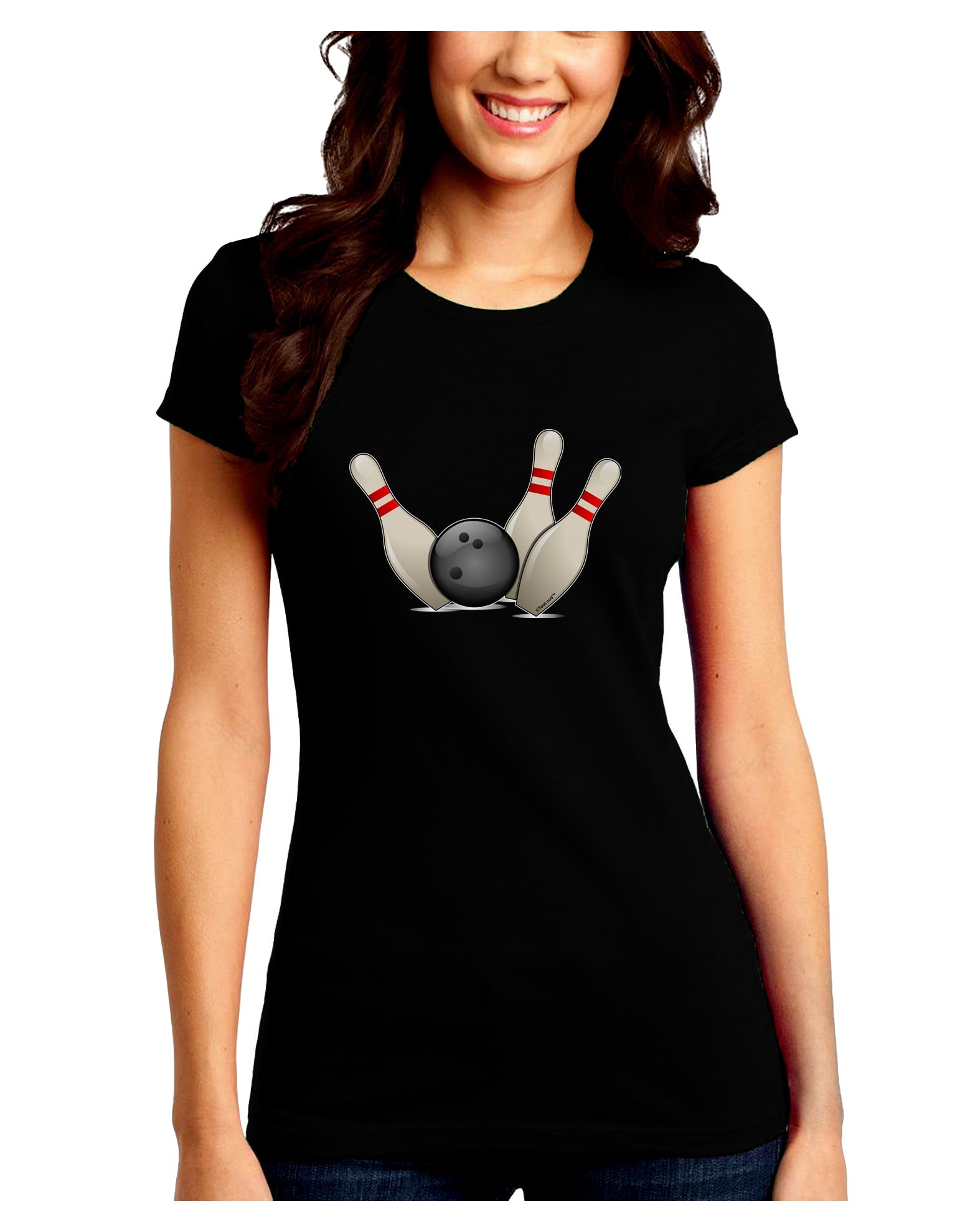 Bowling Ball with Pins Juniors Petite Crew Dark T-Shirt-T-Shirts Juniors Tops-TooLoud-Black-Juniors Fitted Small-Davson Sales