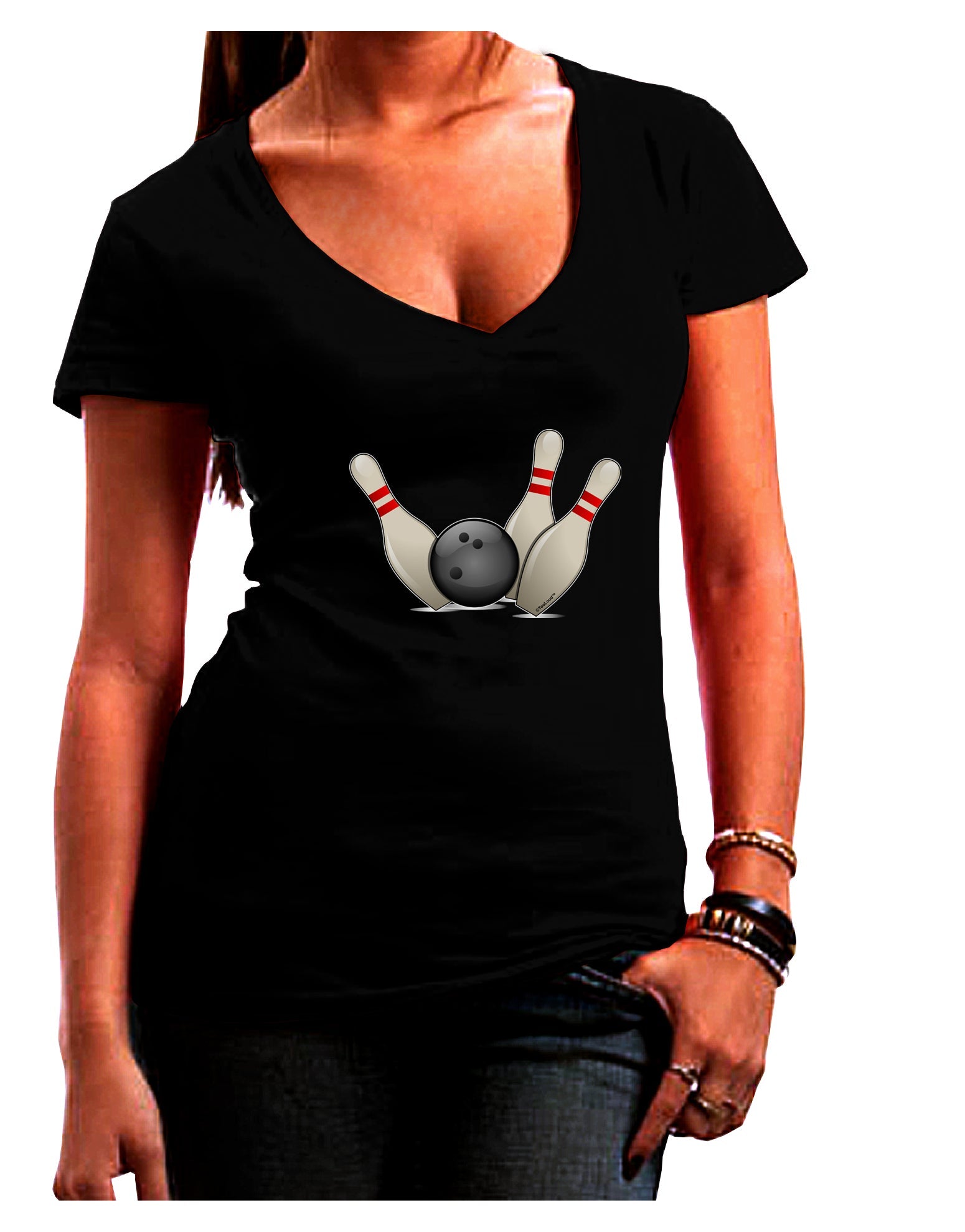 Bowling Ball with Pins Womens V-Neck Dark T-Shirt-Womens V-Neck T-Shirts-TooLoud-Black-Juniors Fitted Small-Davson Sales