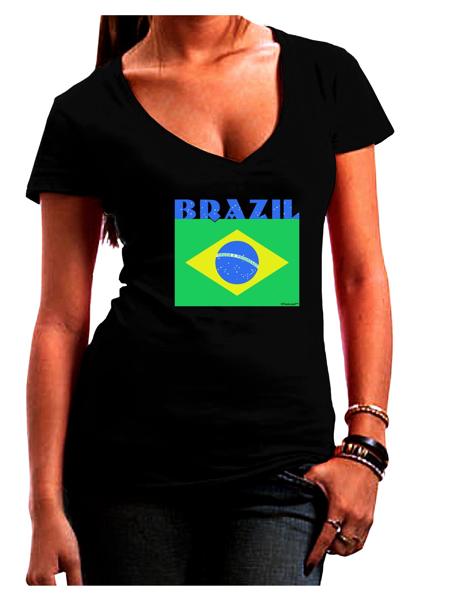 Brazil Flag Womens V-Neck Dark T-Shirt-Womens V-Neck T-Shirts-TooLoud-Black-Juniors Fitted Small-Davson Sales