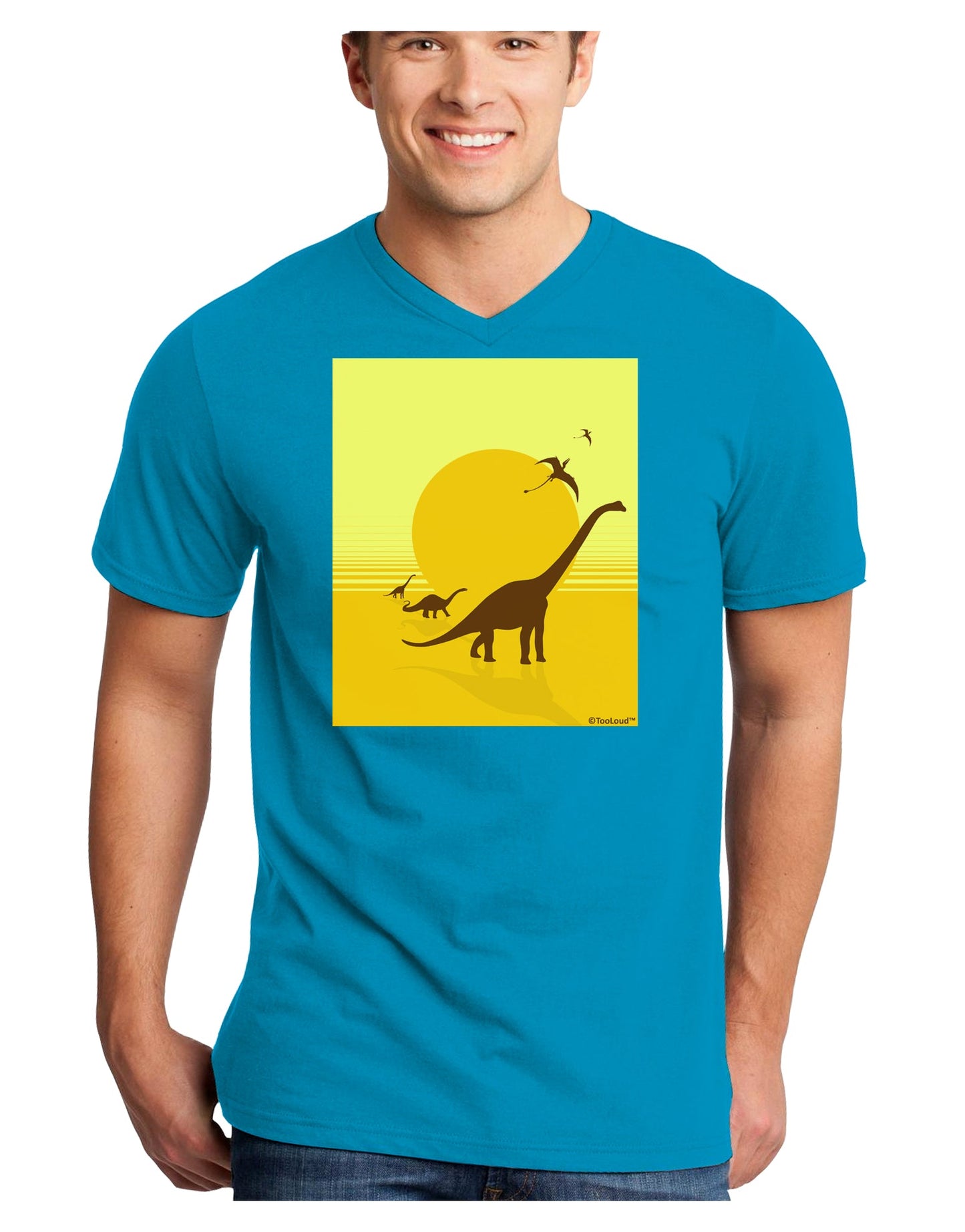 Brontosaurus and Pterodactyl Silhouettes with Sun Adult Dark V-Neck T-Shirt by TooLoud-Mens V-Neck T-Shirt-TooLoud-Turquoise-Small-Davson Sales