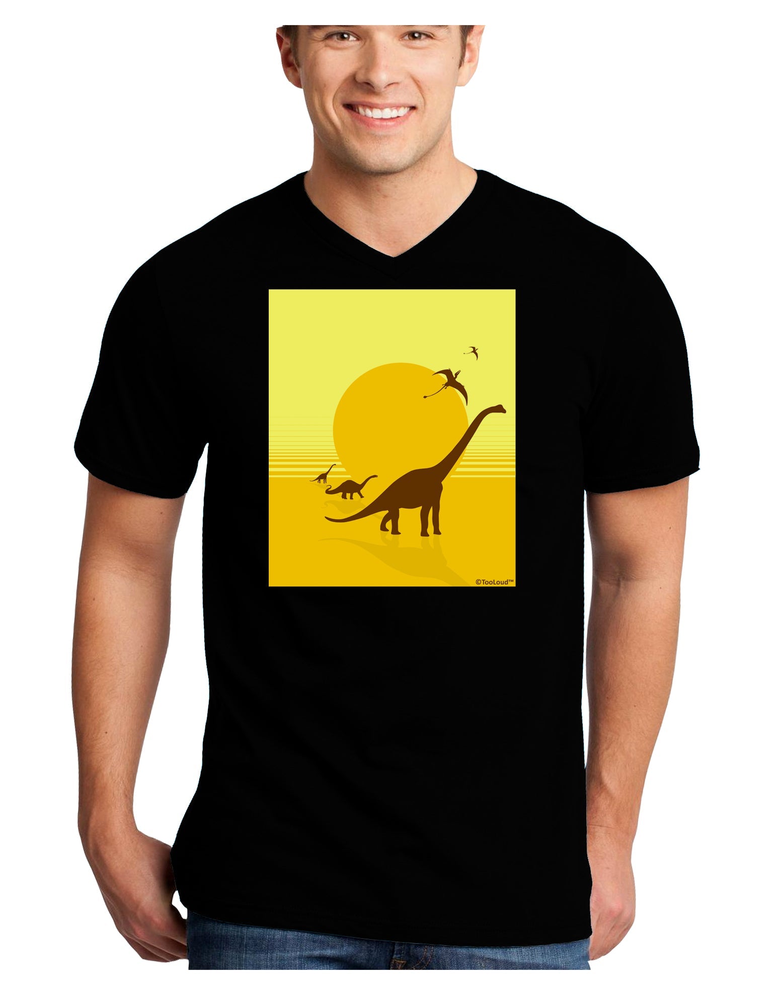 Brontosaurus and Pterodactyl Silhouettes with Sun Adult Dark V-Neck T-Shirt by TooLoud-Mens V-Neck T-Shirt-TooLoud-Black-Small-Davson Sales