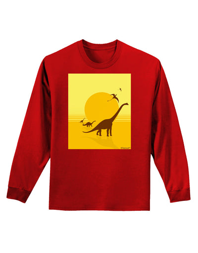 Brontosaurus and Pterodactyl Silhouettes with Sun Adult Long Sleeve Dark T-Shirt by TooLoud-TooLoud-Red-Small-Davson Sales