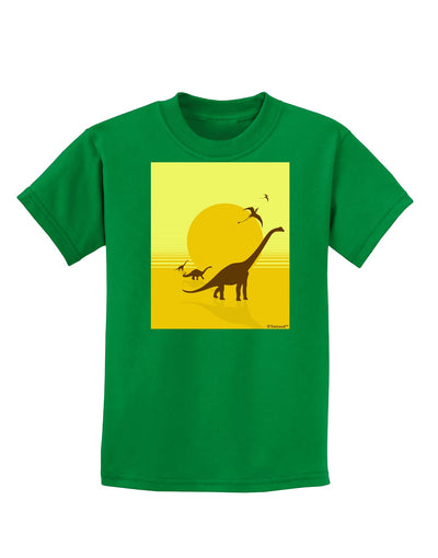 Brontosaurus and Pterodactyl Silhouettes with Sun Childrens Dark T-Shirt by TooLoud-Childrens T-Shirt-TooLoud-Kelly-Green-X-Small-Davson Sales