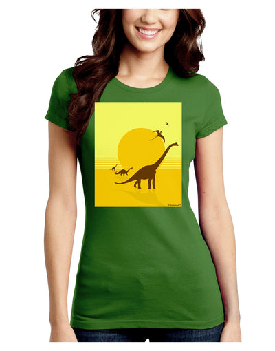 Brontosaurus and Pterodactyl Silhouettes with Sun Juniors Crew Dark T-Shirt by TooLoud-T-Shirts Juniors Tops-TooLoud-Kiwi-Green-Juniors Fitted X-Small-Davson Sales