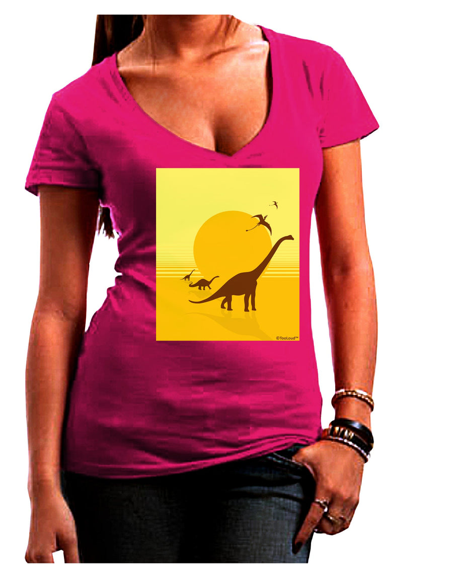 Brontosaurus and Pterodactyl Silhouettes with Sun Juniors V-Neck Dark T-Shirt by TooLoud-Womens V-Neck T-Shirts-TooLoud-Black-Juniors Fitted Small-Davson Sales