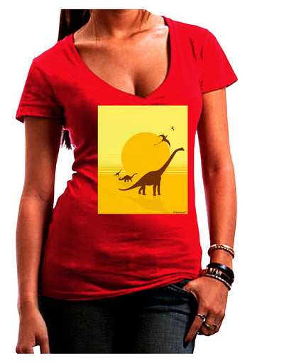 Brontosaurus and Pterodactyl Silhouettes with Sun Juniors V-Neck Dark T-Shirt by TooLoud-Womens V-Neck T-Shirts-TooLoud-Red-Juniors Fitted Small-Davson Sales