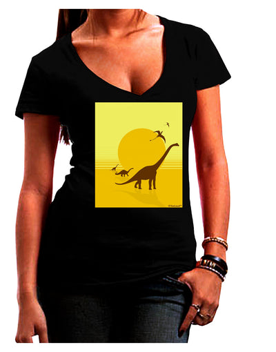 Brontosaurus and Pterodactyl Silhouettes with Sun Juniors V-Neck Dark T-Shirt by TooLoud-Womens V-Neck T-Shirts-TooLoud-Black-Juniors Fitted Small-Davson Sales