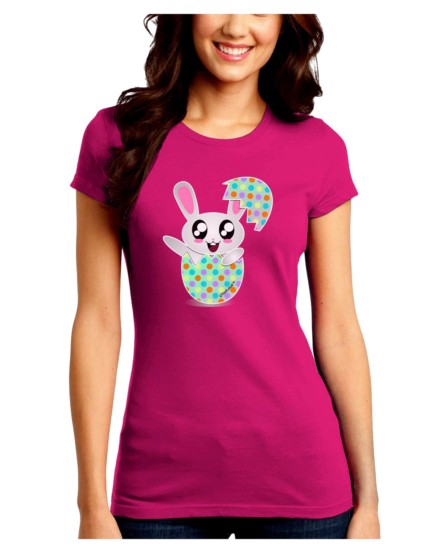 Bunny Hatching From Egg Juniors Petite Crew Dark T-Shirt-T-Shirts Juniors Tops-TooLoud-Hot-Pink-Juniors Fitted Small-Davson Sales