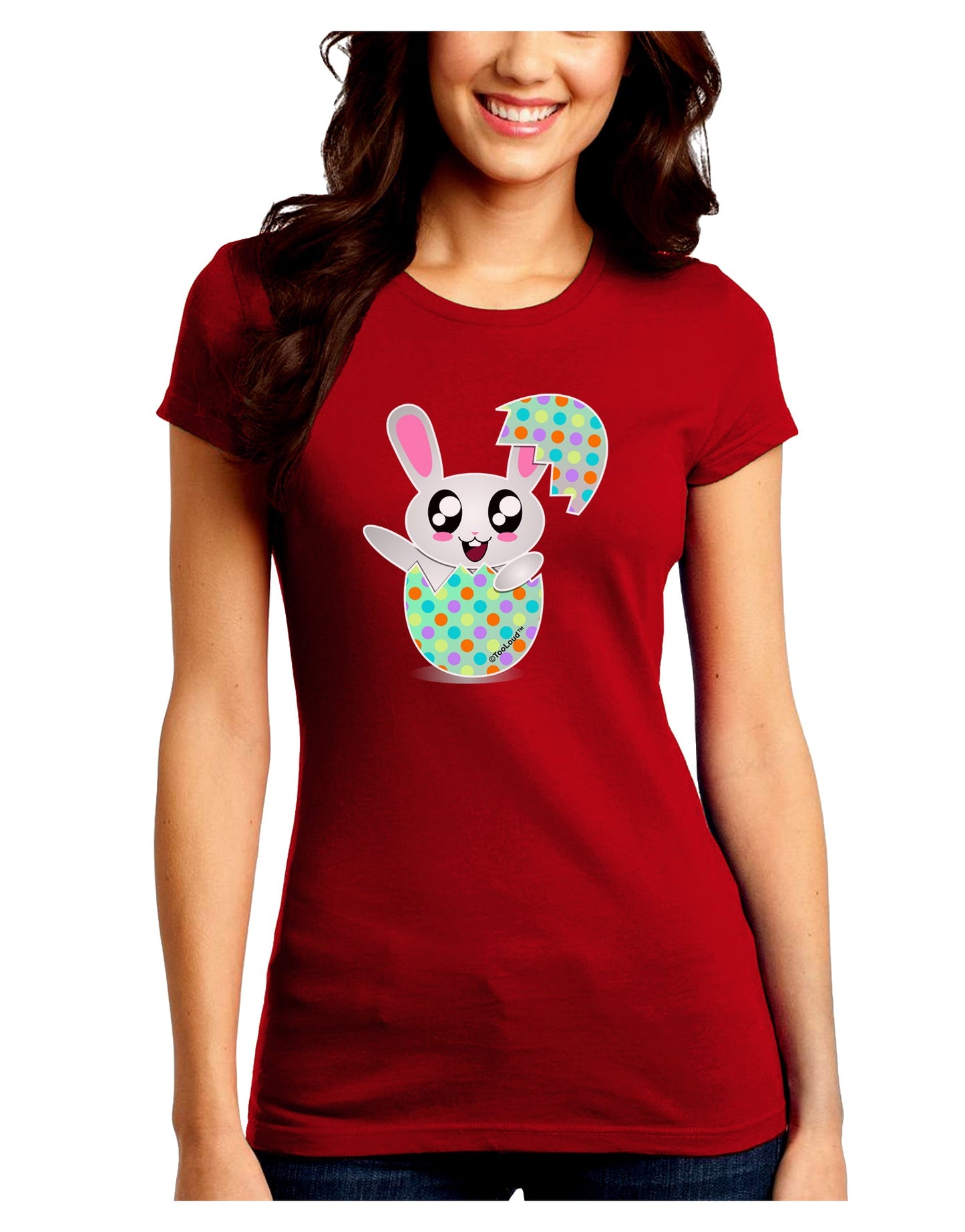 Bunny Hatching From Egg Juniors Petite Crew Dark T-Shirt-T-Shirts Juniors Tops-TooLoud-Red-Juniors Fitted Small-Davson Sales
