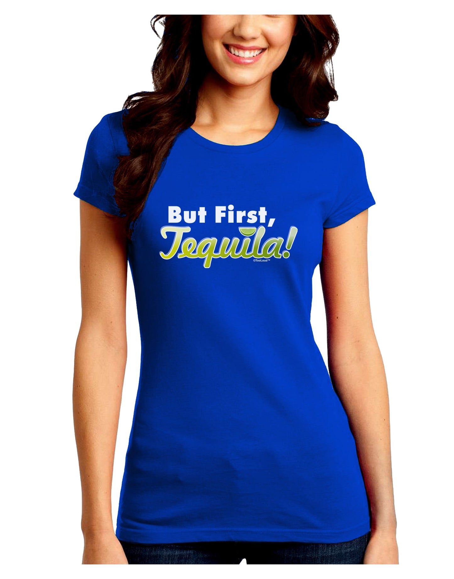 But First Tequila Juniors Petite Crew Dark T-Shirt-T-Shirts Juniors Tops-TooLoud-Royal-Blue-Juniors Fitted Small-Davson Sales