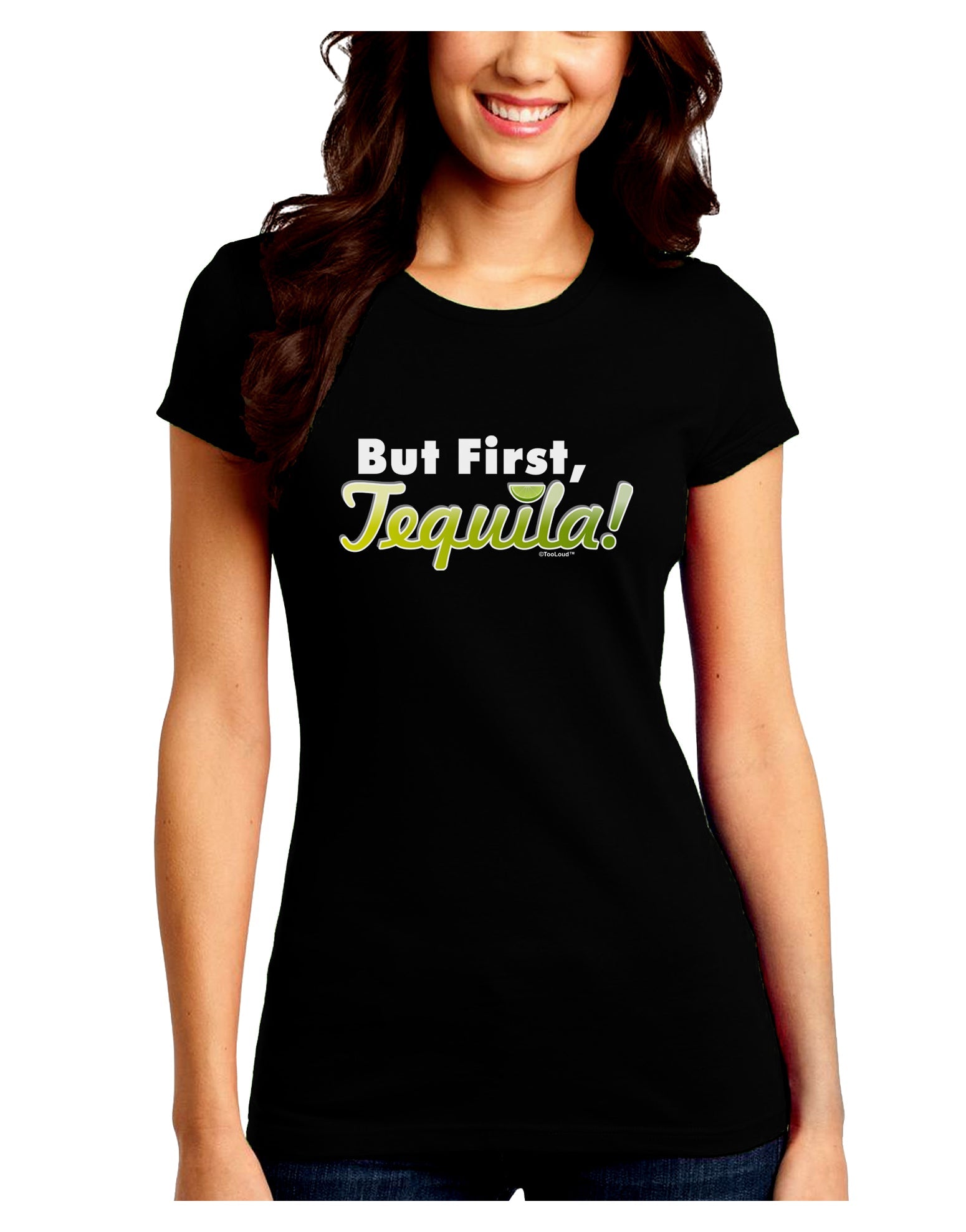 But First Tequila Juniors Petite Crew Dark T-Shirt-T-Shirts Juniors Tops-TooLoud-Black-Juniors Fitted Small-Davson Sales