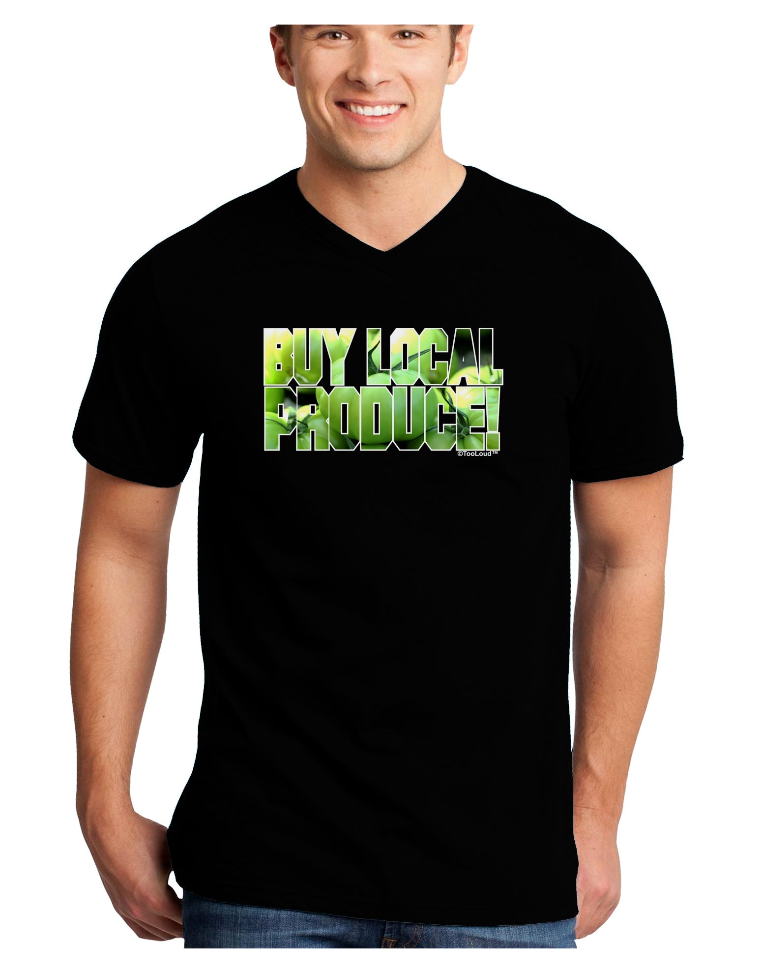 Buy Local - Green Tomatoes Text Adult Dark V-Neck T-Shirt-TooLoud-Black-Small-Davson Sales