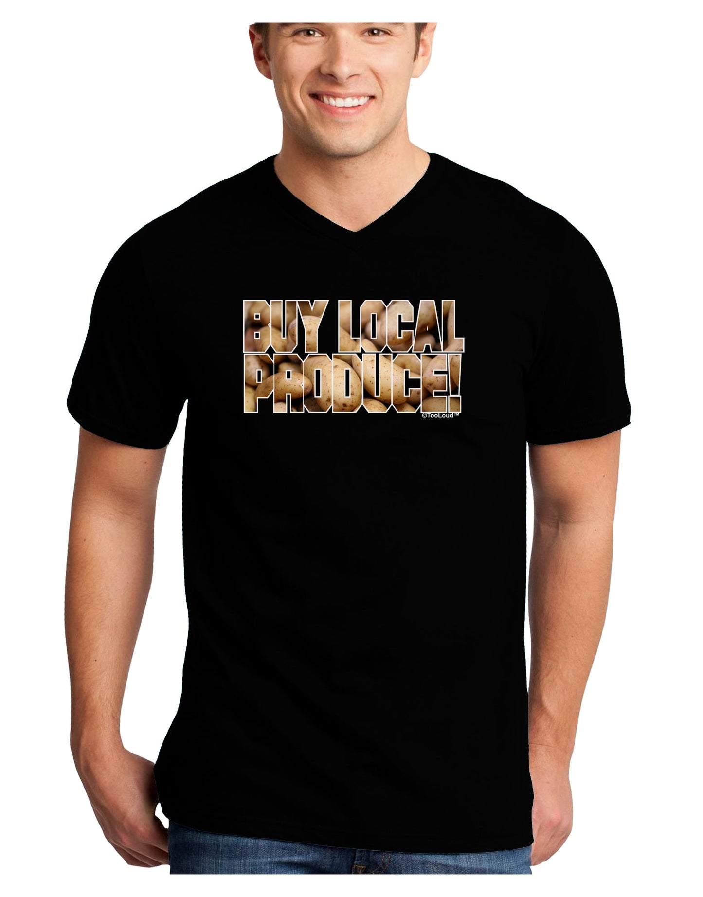 Buy Local Produce Potatoes Text Adult Dark V-Neck T-Shirt-TooLoud-Black-Small-Davson Sales
