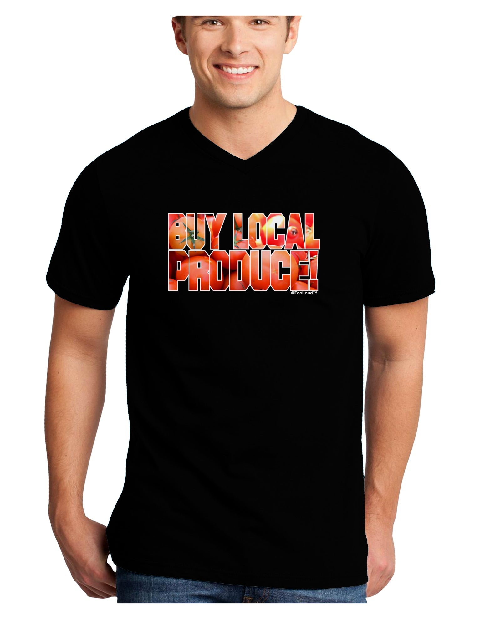 Buy Local Produce Tomatoes Text Adult Dark V-Neck T-Shirt-TooLoud-Black-Small-Davson Sales