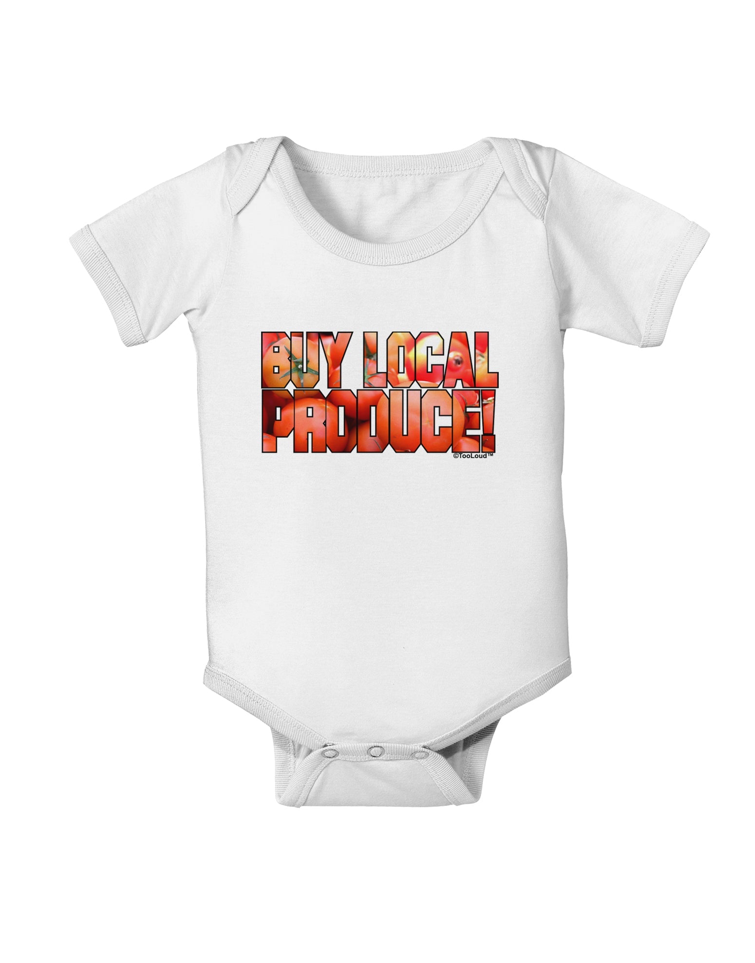 Buy Local Produce Tomatoes Text Baby Romper Bodysuit-Baby Romper-TooLoud-White-06-Months-Davson Sales