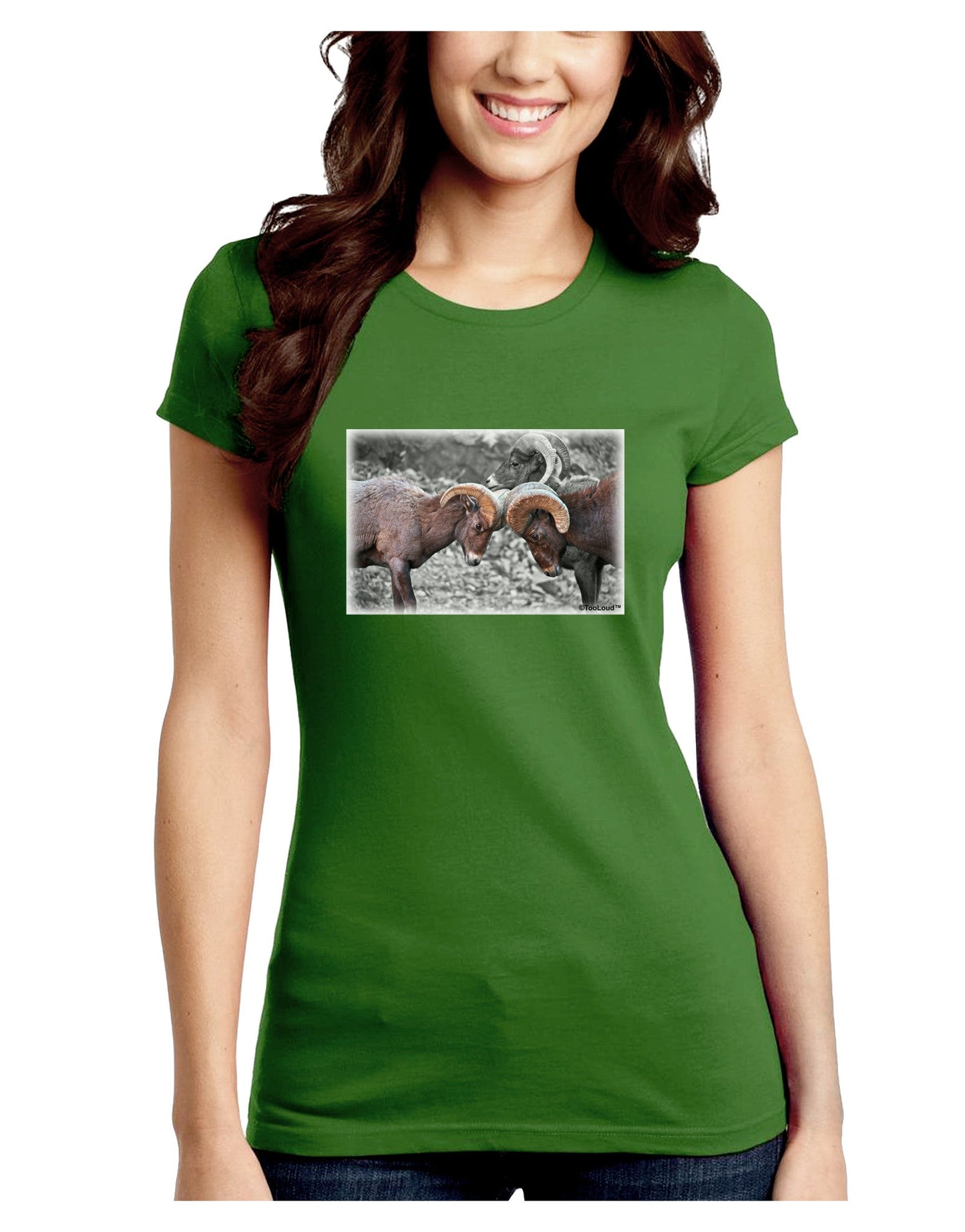 CO Bighorn Head Butt Desaturated Juniors Petite Crew Dark T-Shirt-T-Shirts Juniors Tops-TooLoud-Kiwi-Green-Juniors Fitted Small-Davson Sales