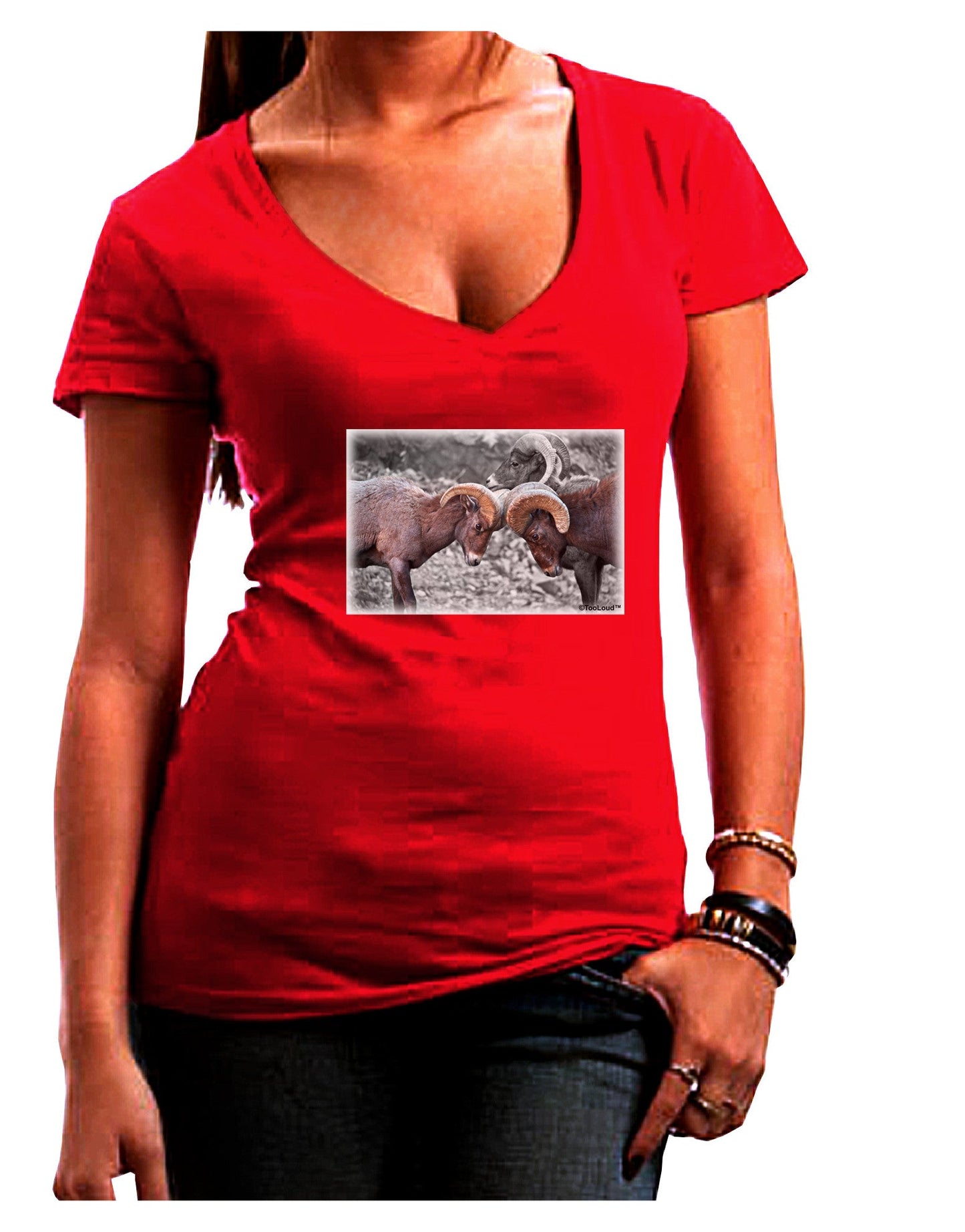 CO Bighorn Head Butt Desaturated Womens V-Neck Dark T-Shirt-Womens V-Neck T-Shirts-TooLoud-Red-Juniors Fitted Small-Davson Sales