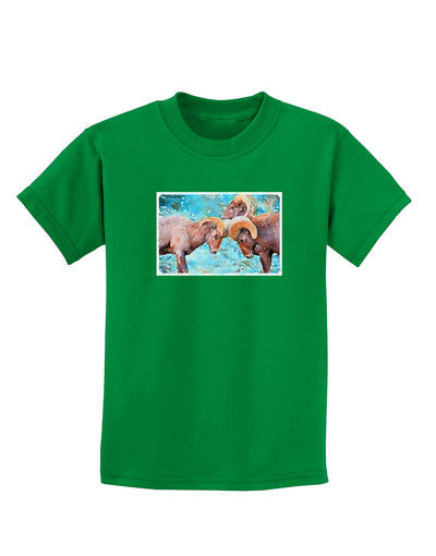 CO Bighorn Head Butt Watercolor Childrens Dark T-Shirt-Childrens T-Shirt-TooLoud-Kelly-Green-X-Small-Davson Sales