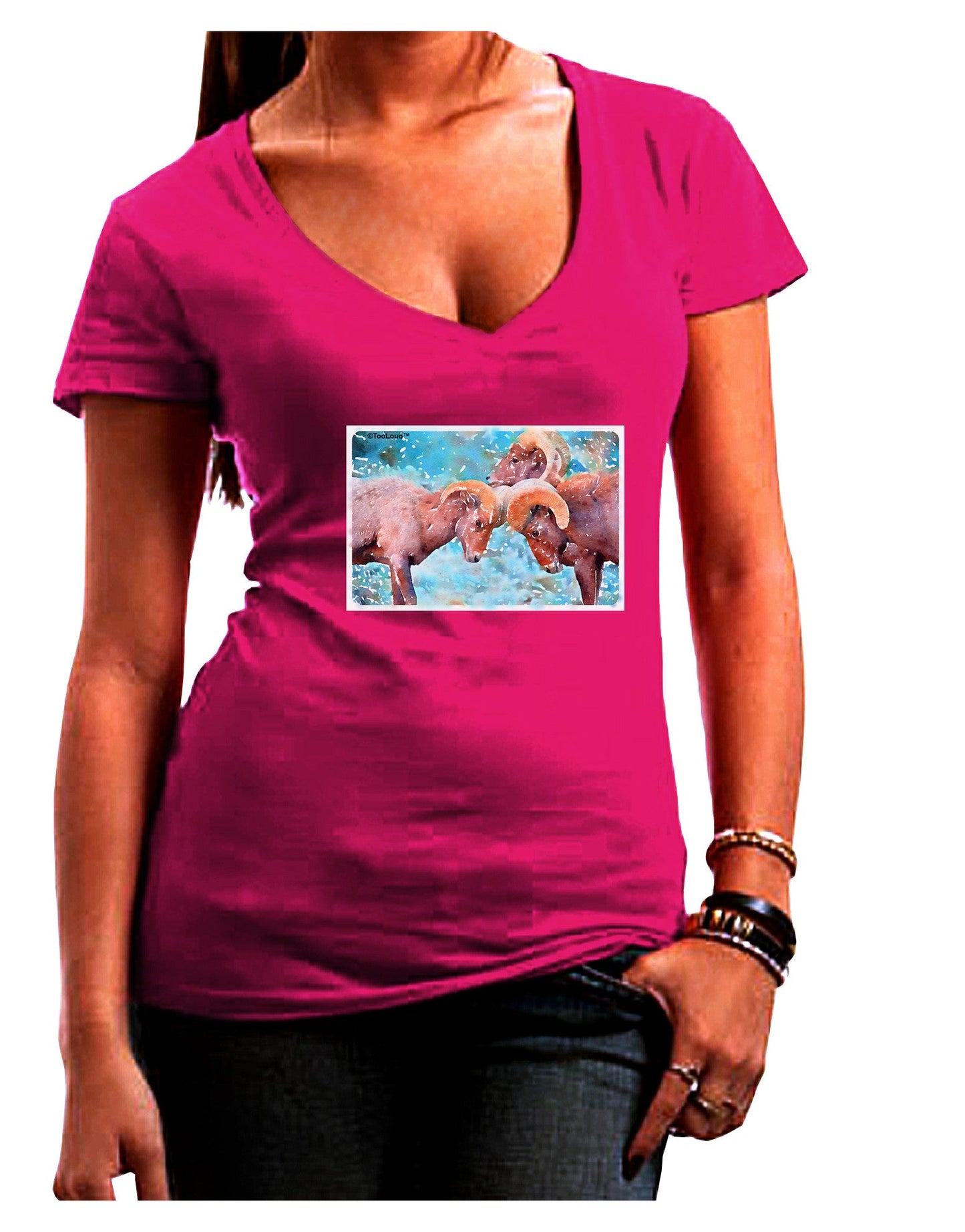 CO Bighorn Head Butt Watercolor Womens V-Neck Dark T-Shirt-Womens V-Neck T-Shirts-TooLoud-Hot-Pink-Juniors Fitted Small-Davson Sales