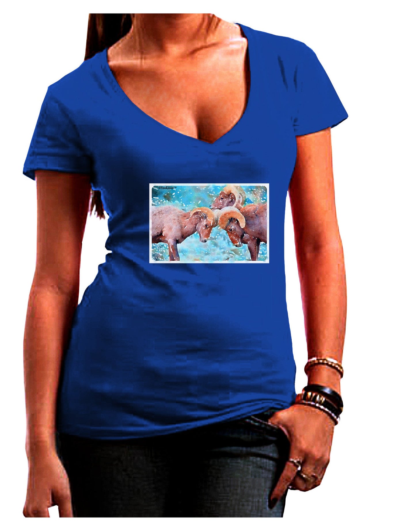 CO Bighorn Head Butt Watercolor Womens V-Neck Dark T-Shirt-Womens V-Neck T-Shirts-TooLoud-Royal-Blue-Juniors Fitted Small-Davson Sales