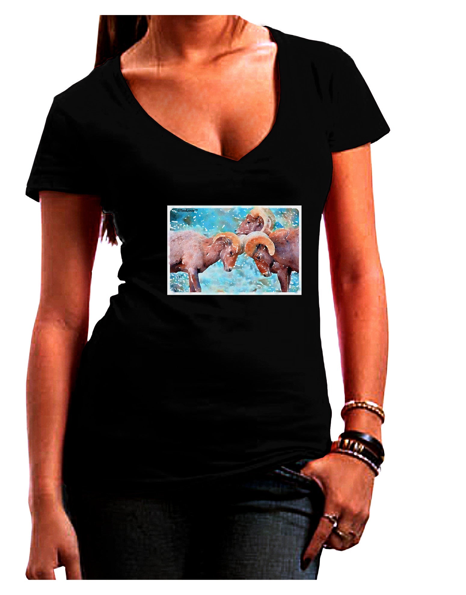 CO Bighorn Head Butt Watercolor Womens V-Neck Dark T-Shirt-Womens V-Neck T-Shirts-TooLoud-Black-Juniors Fitted Small-Davson Sales