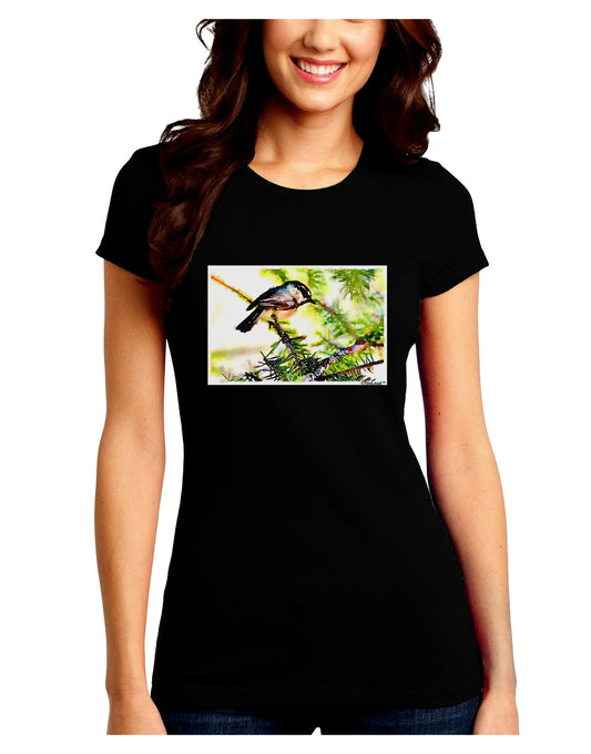 CO Chickadee Watercolor Juniors Petite Crew Dark T-Shirt-T-Shirts Juniors Tops-TooLoud-Black-Juniors Fitted Small-Davson Sales