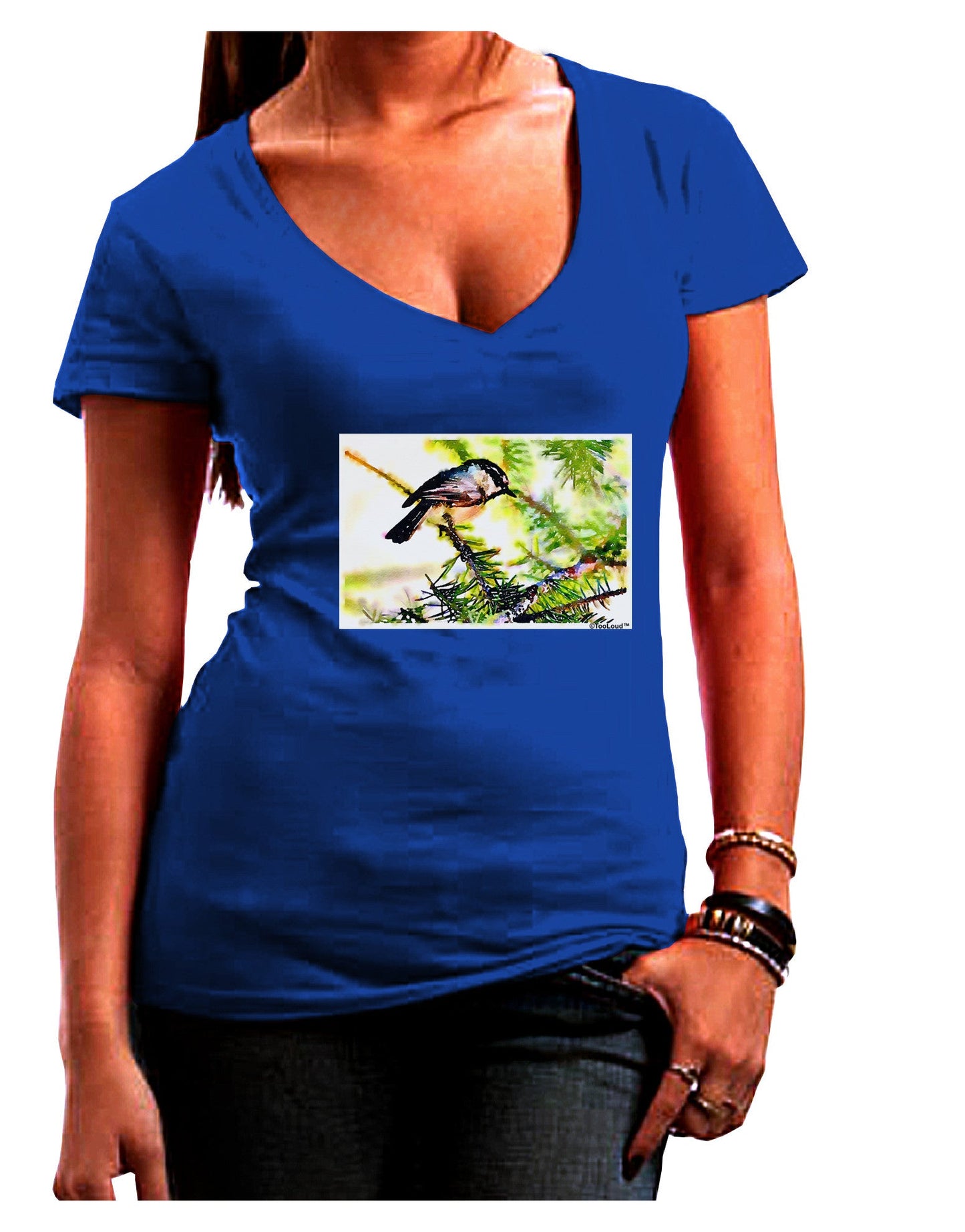CO Chickadee Watercolor Womens V-Neck Dark T-Shirt-Womens V-Neck T-Shirts-TooLoud-Royal-Blue-Juniors Fitted Small-Davson Sales