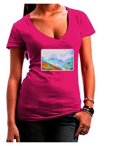 CO Fog Mountains Watercolor Juniors V-Neck Dark T-Shirt-Womens V-Neck T-Shirts-TooLoud-Hot-Pink-Juniors Fitted Small-Davson Sales