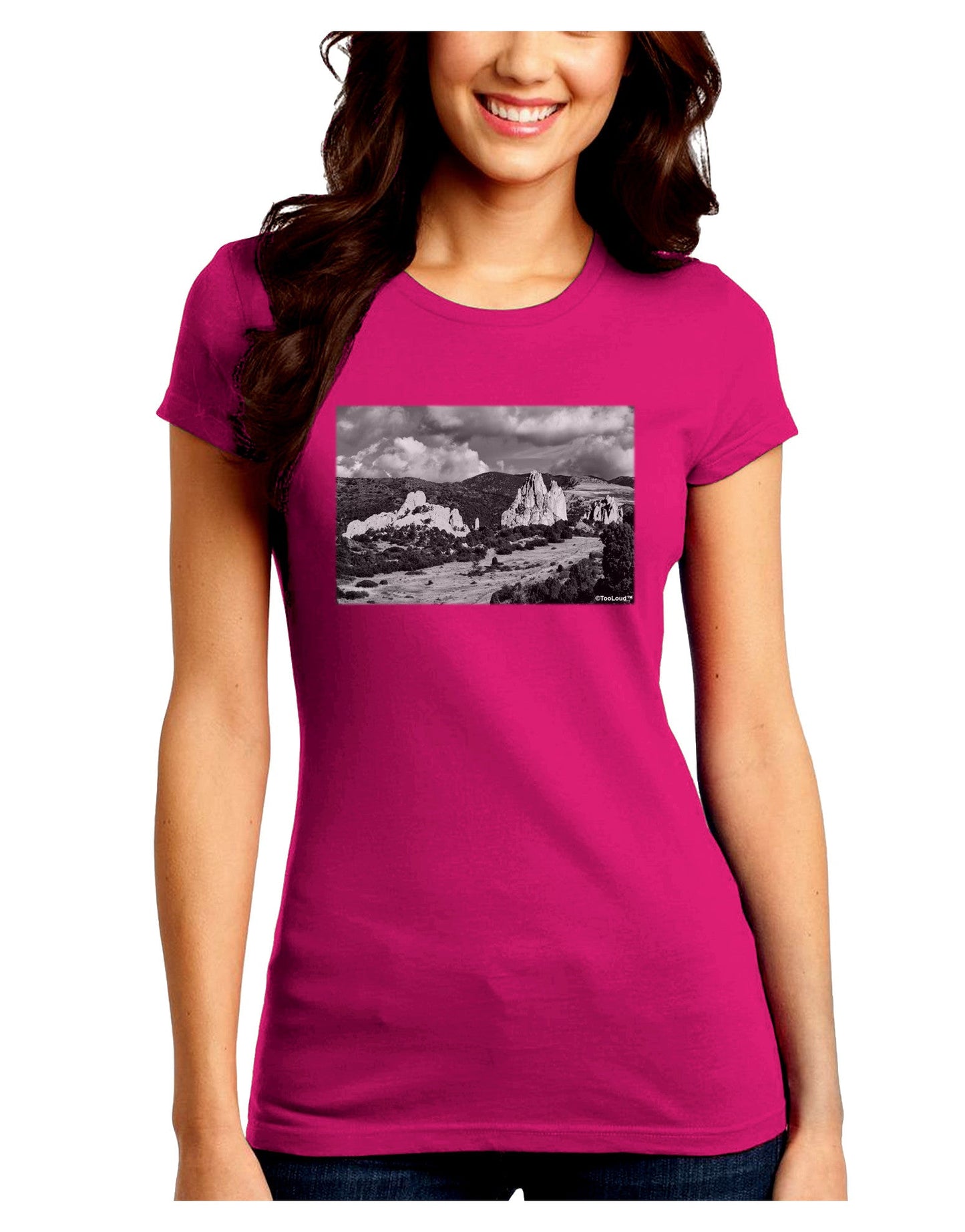 CO Mountain Forest Scene Juniors Petite Crew Dark T-Shirt-T-Shirts Juniors Tops-TooLoud-Hot-Pink-Juniors Fitted Small-Davson Sales