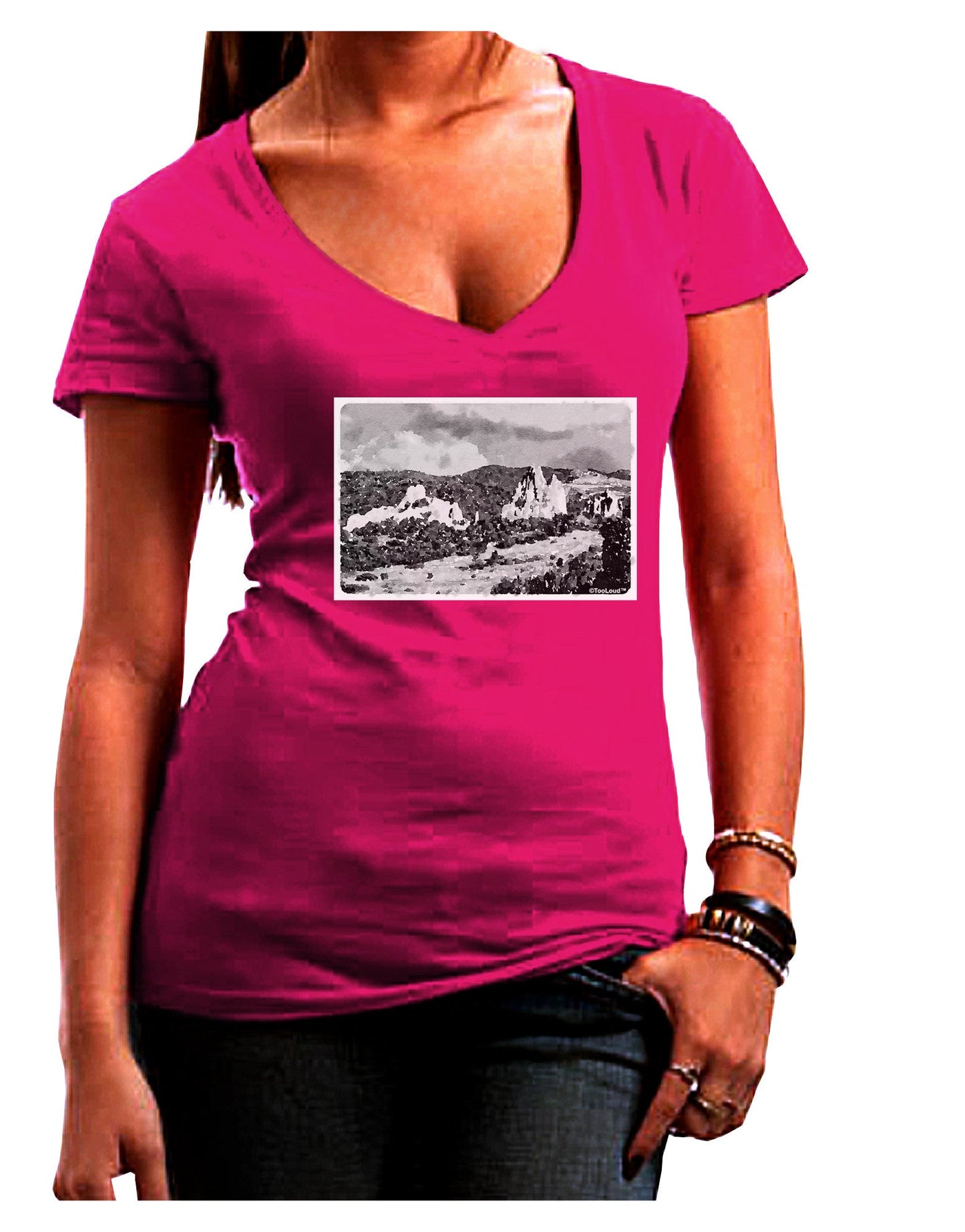 CO Mountain Forest Watercolor Womens V-Neck Dark T-Shirt-Womens V-Neck T-Shirts-TooLoud-Hot-Pink-Juniors Fitted Small-Davson Sales