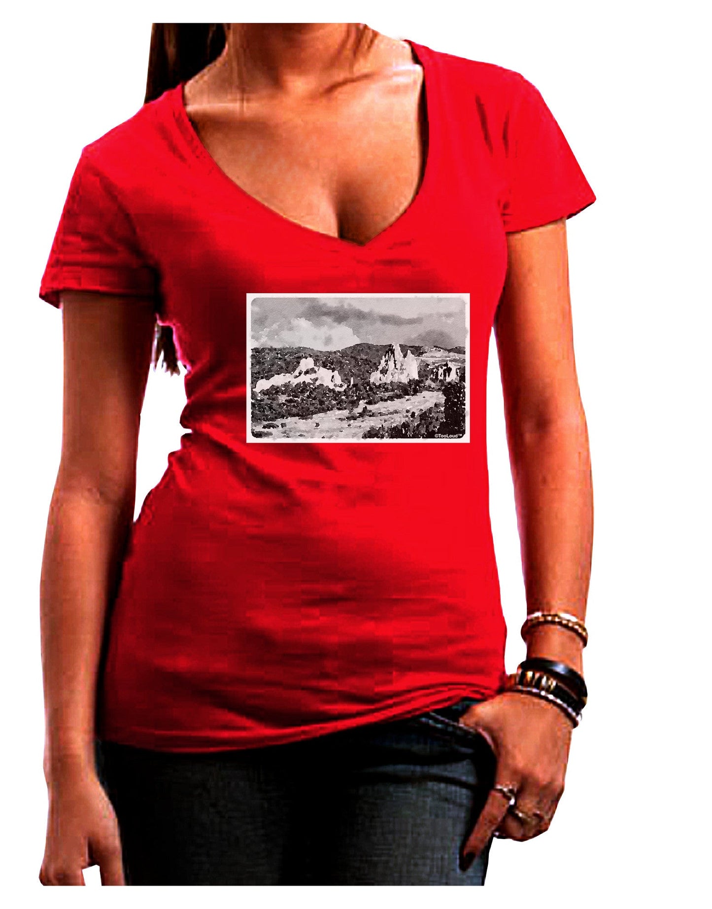 CO Mountain Forest Watercolor Womens V-Neck Dark T-Shirt-Womens V-Neck T-Shirts-TooLoud-Red-Juniors Fitted Small-Davson Sales