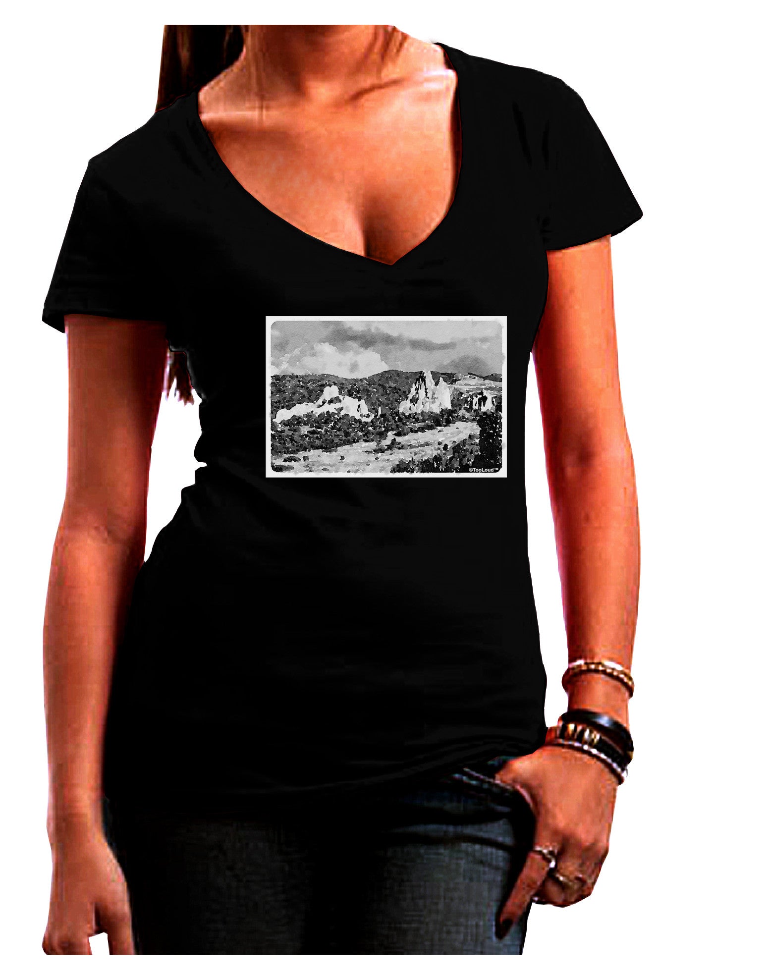 CO Mountain Forest Watercolor Womens V-Neck Dark T-Shirt-Womens V-Neck T-Shirts-TooLoud-Black-Juniors Fitted Small-Davson Sales