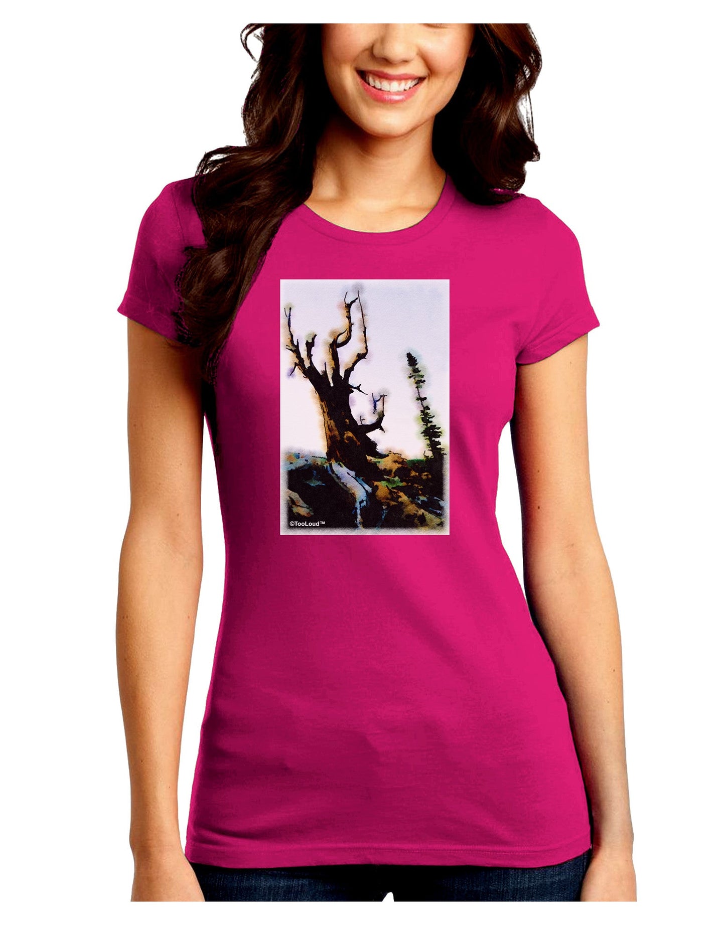 CO Mountain Scenery Watercolor Juniors Petite Crew Dark T-Shirt-T-Shirts Juniors Tops-TooLoud-Hot-Pink-Juniors Fitted Small-Davson Sales