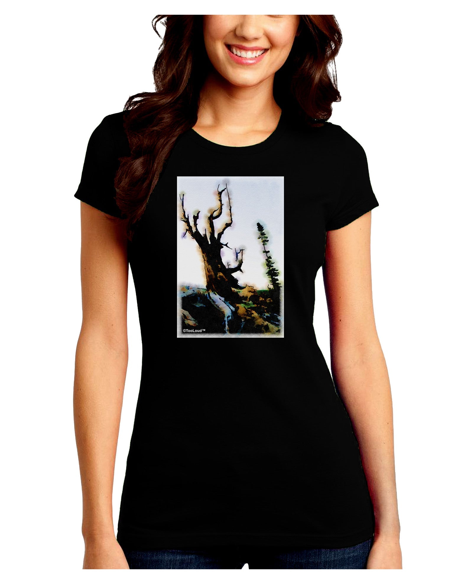 CO Mountain Scenery Watercolor Juniors Petite Crew Dark T-Shirt-T-Shirts Juniors Tops-TooLoud-Black-Juniors Fitted Small-Davson Sales